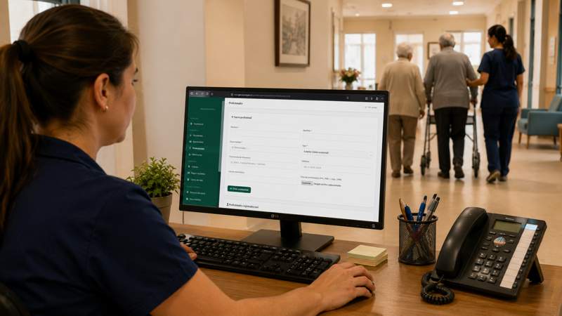 Directora de ELEAM usando software de gestión en tablet